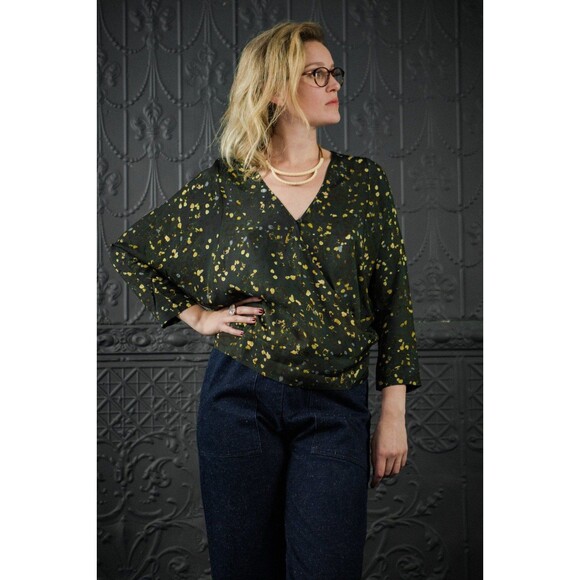 Humanoid Mandy Top Italian Fabric Faux Wrap Pleated V Neck Top Sz S $269 - Picture 2 of 9